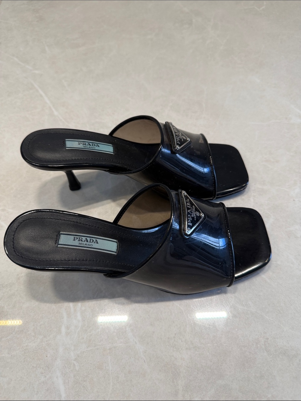 Prada Black Patent Leather Slide Mules with Logo Plaque